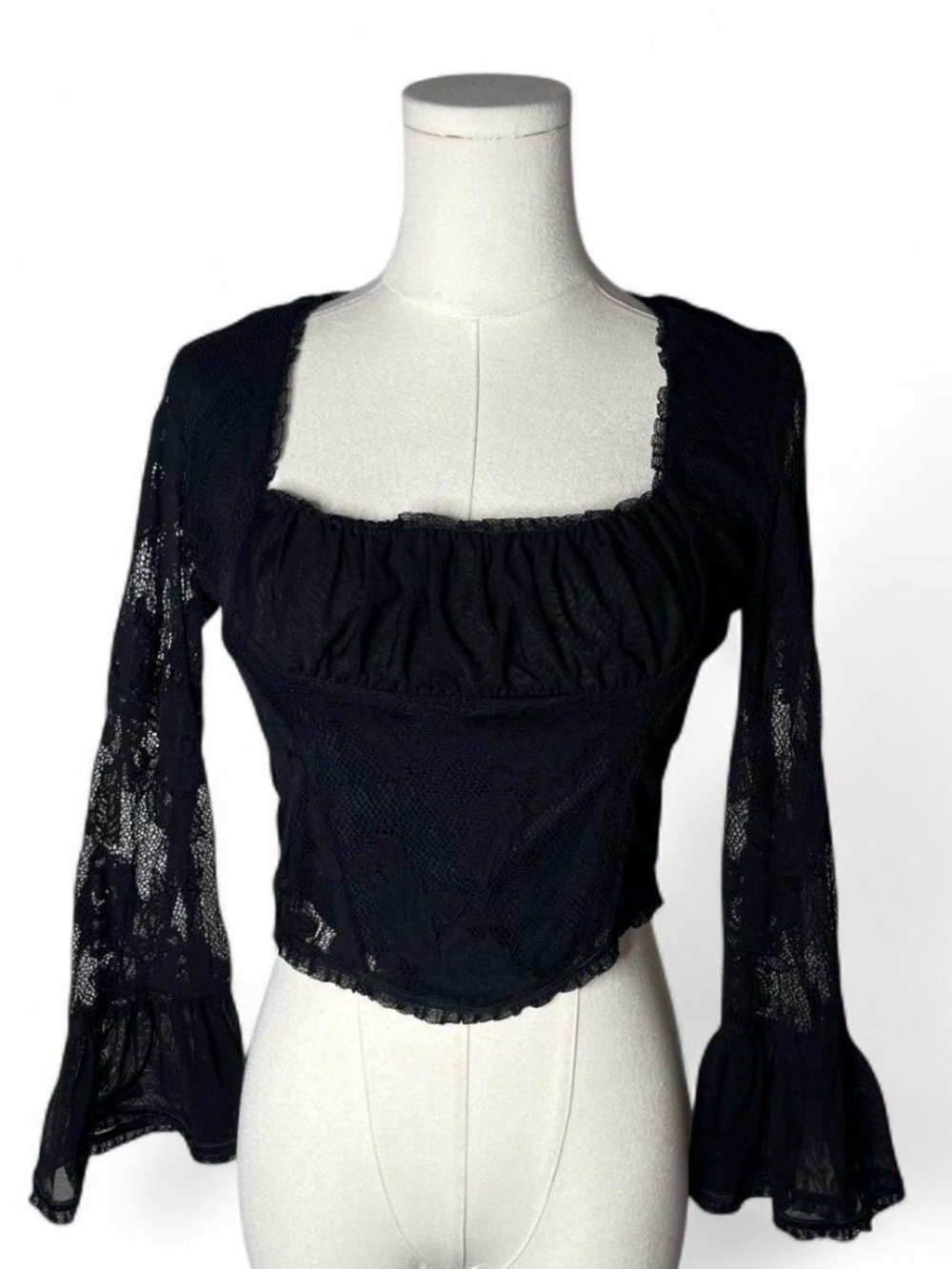 Y2K Vintage Anna Sui Sheer Black Lace Corset Bell Sleeve Top 2000 Runway